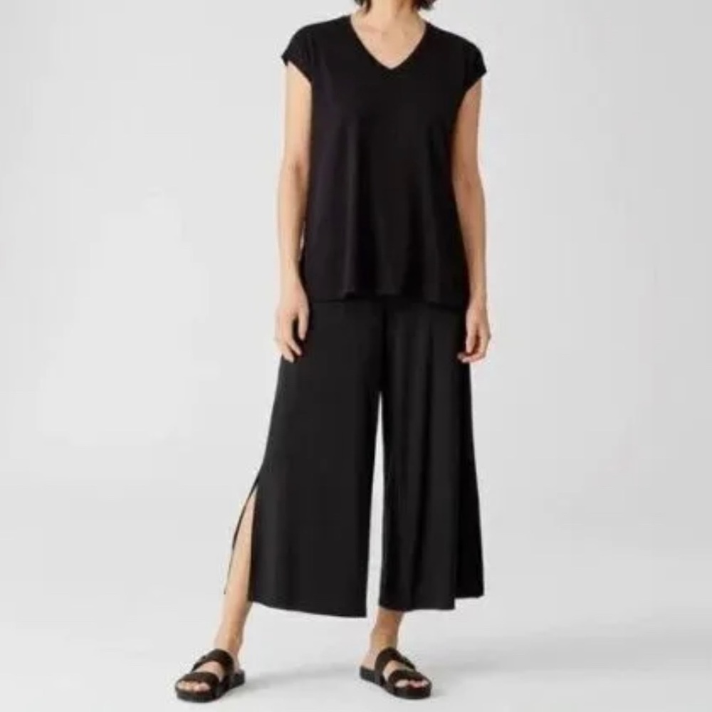 Eileen Fisher Tencel Viscose Wide Leg Cropped Pant Side Slit Medium Black